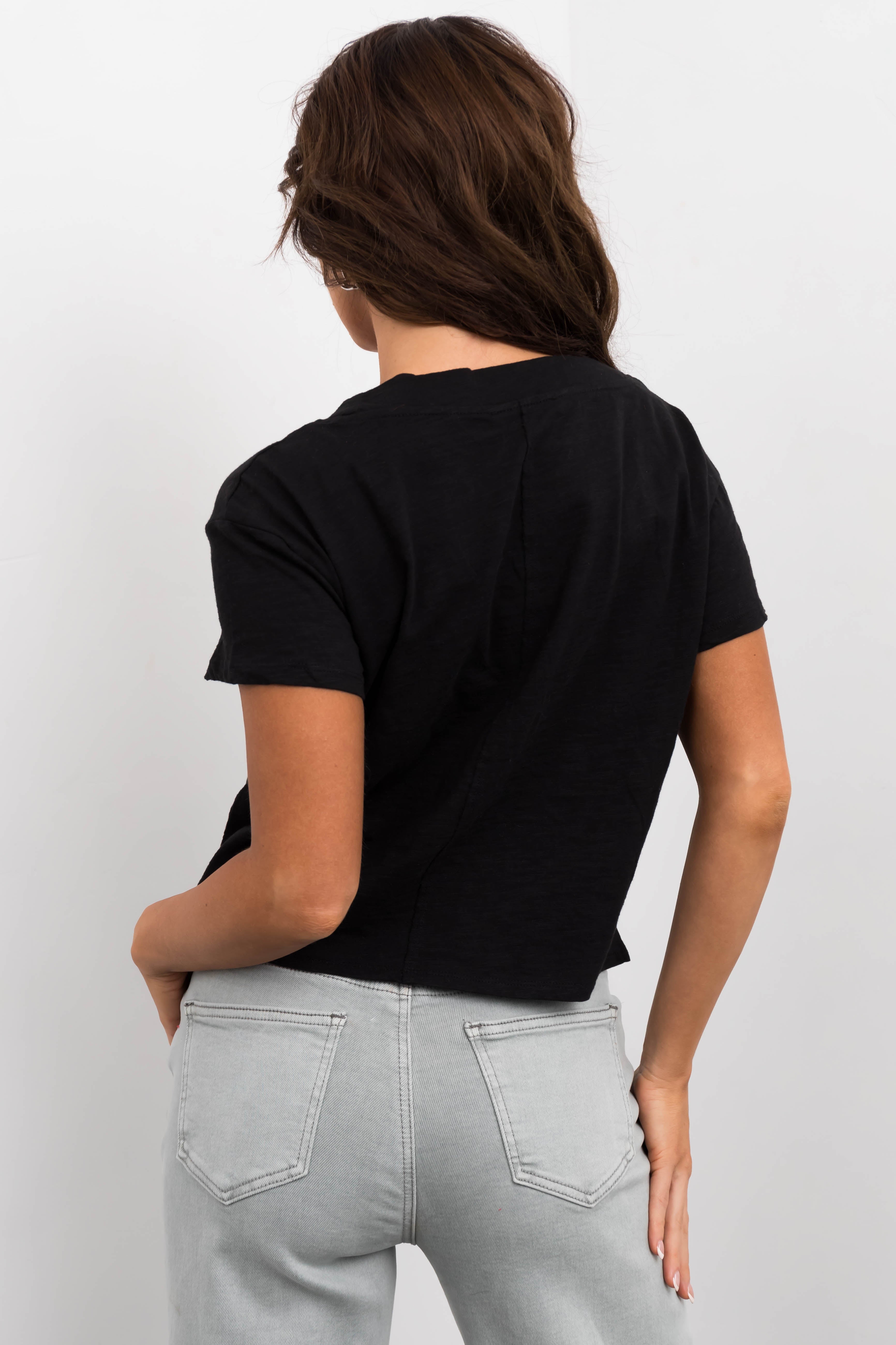 Black V Neck Short Sleeve Cropped Tee Top