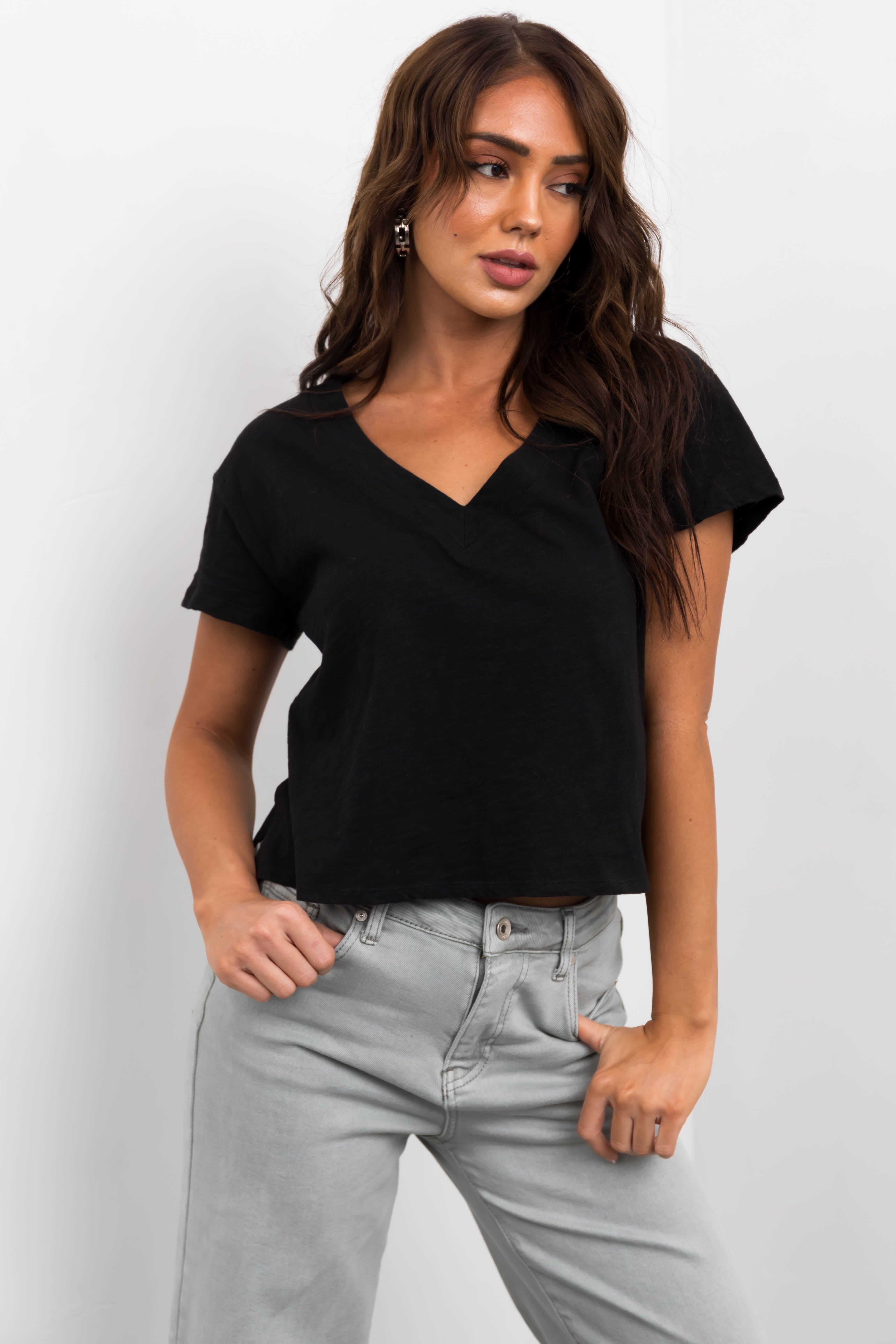 Black V Neck Short Sleeve Cropped Tee Top