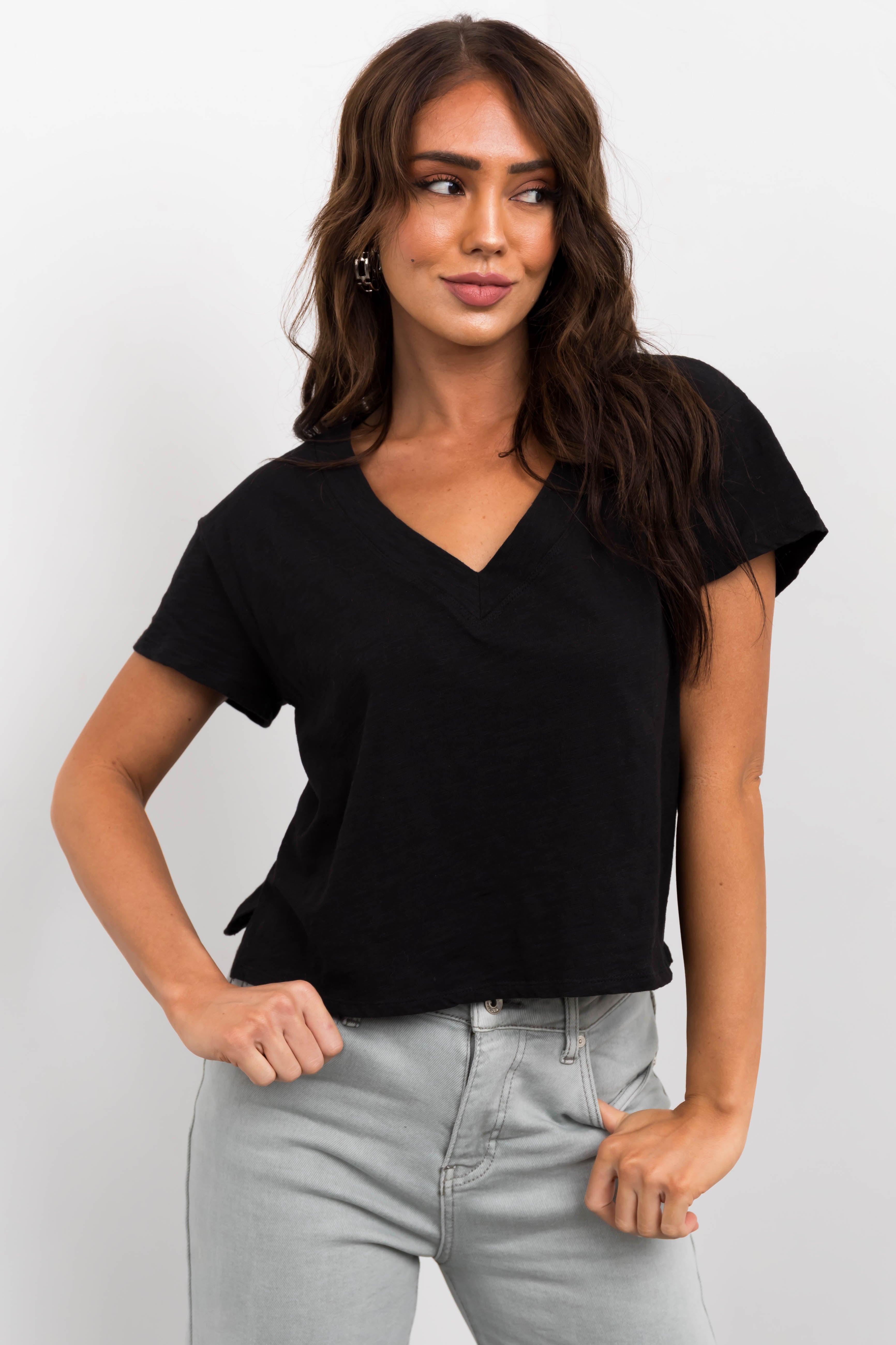 Black V Neck Short Sleeve Cropped Tee Top