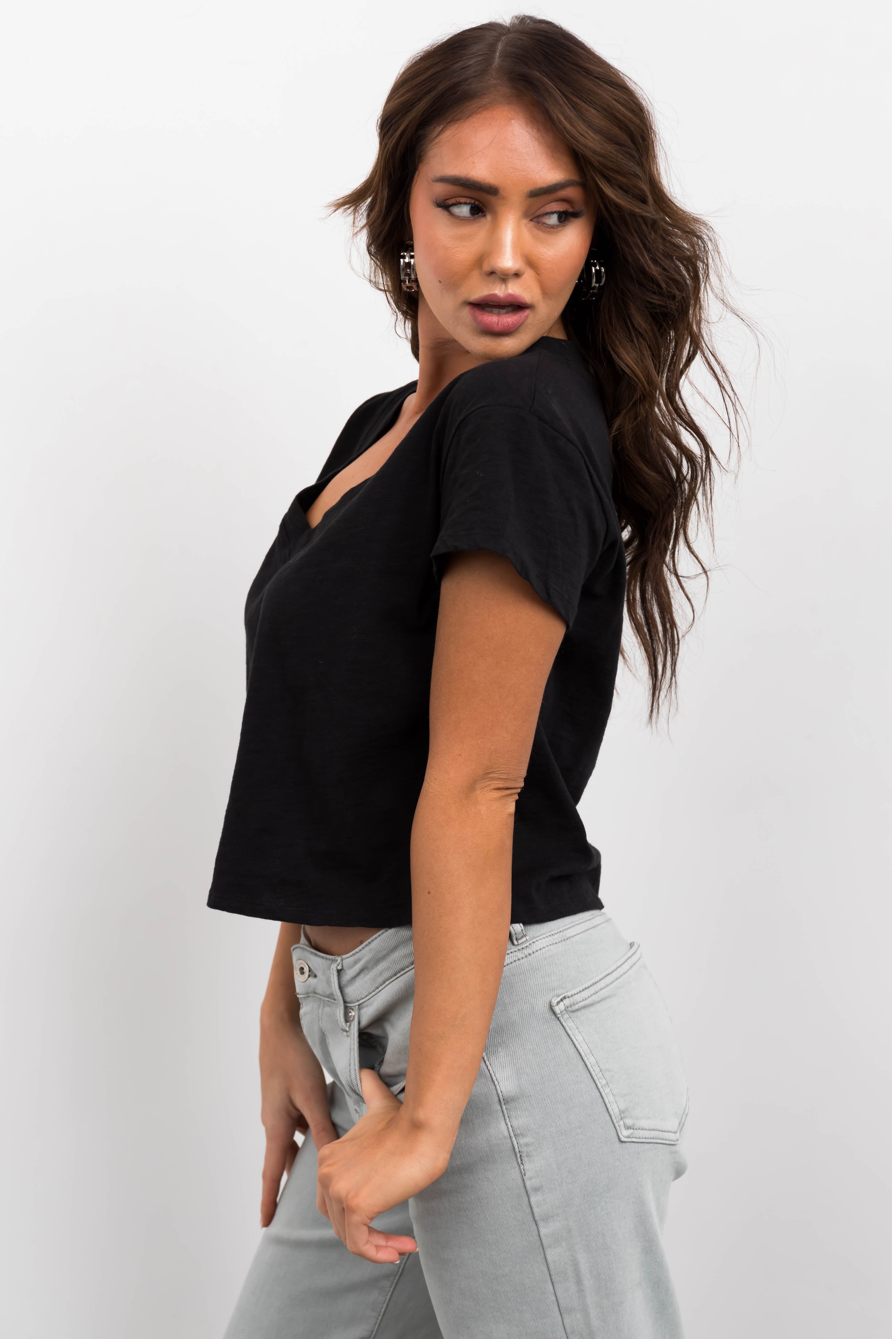 Black V Neck Short Sleeve Cropped Tee Top